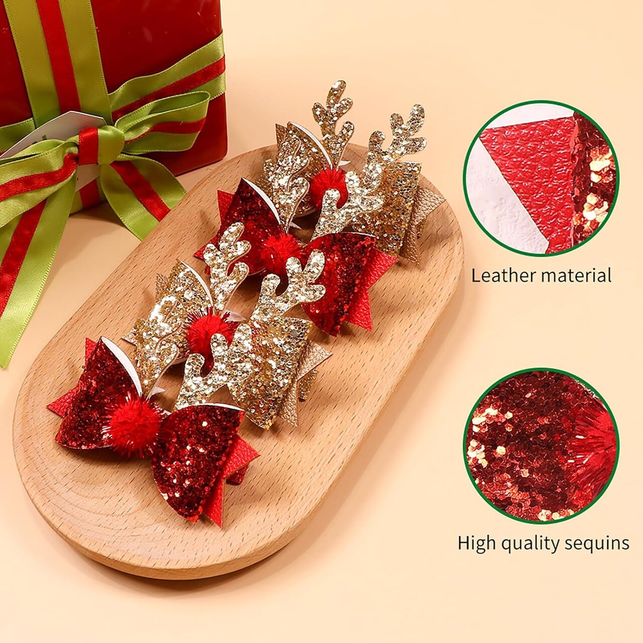 4 Pcs Christmas Hair Clips Xmas Bow Hair Accessories Cute Reindeer Antlers Ears Glitter Sequins Hair Barrettes Holiday Headdress Hairpin for Girls Women Kids Party Cosplay Gift